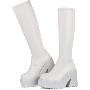 Aminugal Womens White Synthetic Chunky Block High Heel Knee High Platform Boots